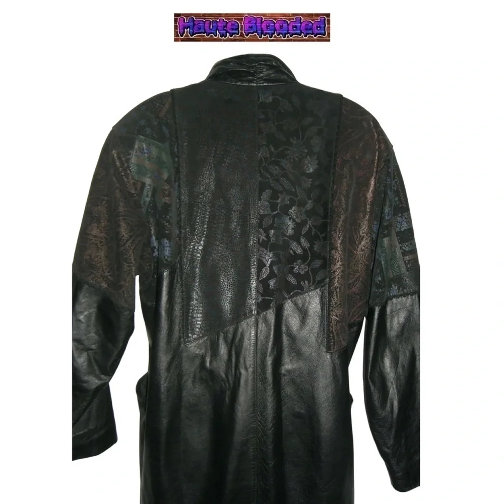 Vintage 90's Long Black Leather Trench Coat Holographic Boho Print Floor Length - Picture 11 of 15